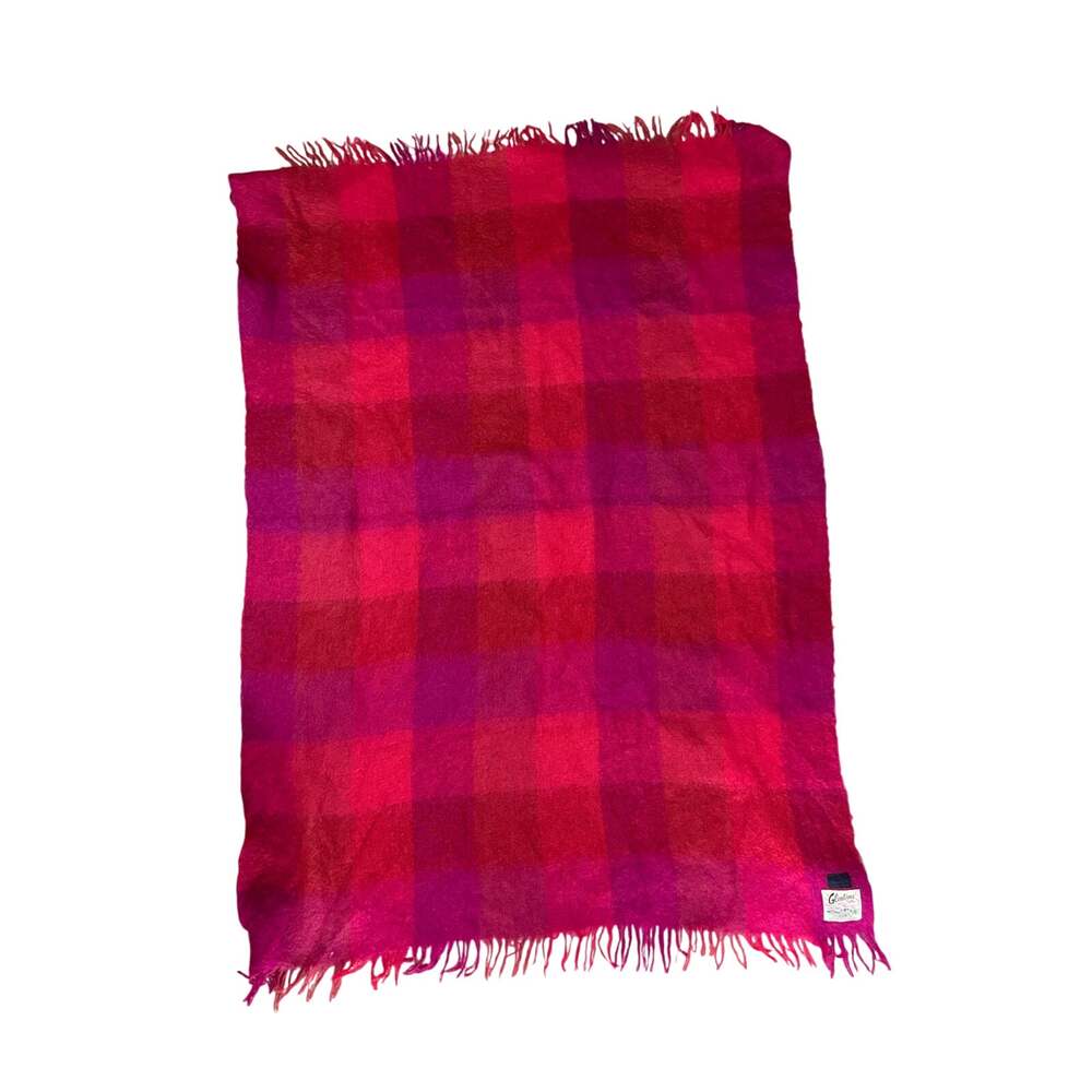 Glentana Mohair Wool Blend Pink Large Buffalo Check Throw Blanket 28”X46” MCM
